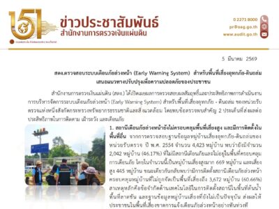 สตง. ตรวจสอบระบบเตือนภัยล่วงหน้า (Early Warning System) สำหรับพื้นที่เสี่ยงอุทกภัย-ดินถล่ม เสนอแนวทางปรับปรุงเพื่อความปลอดภัยของประชาชน